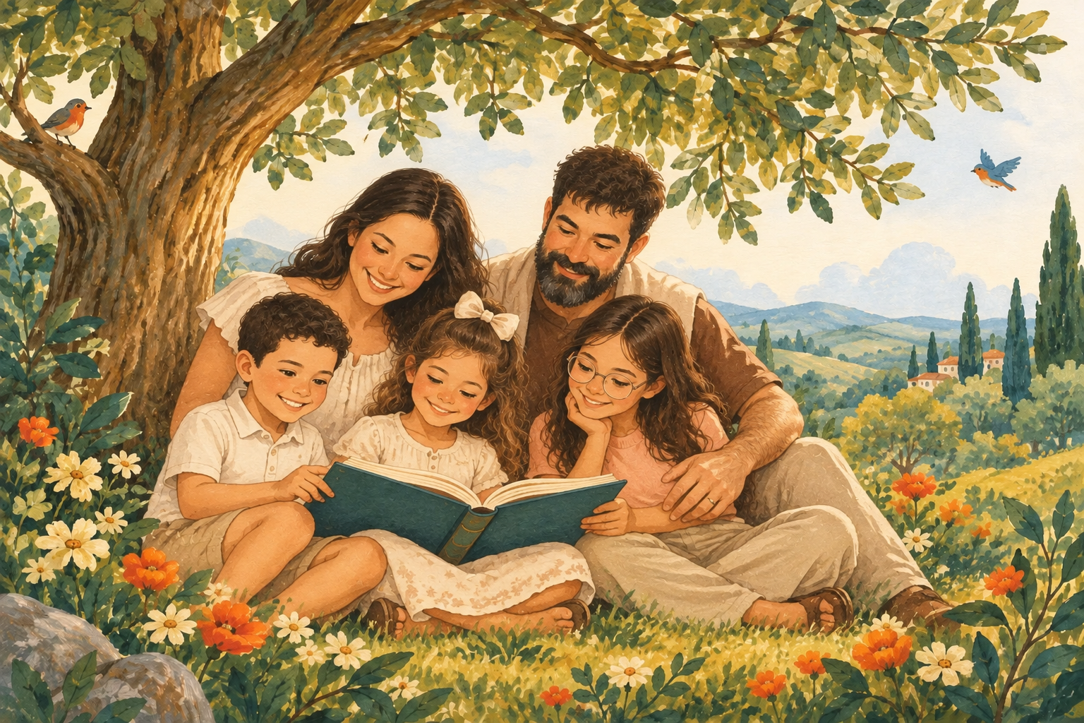Família Maciel lendo histórias bíblicas infantis sob uma árvore.