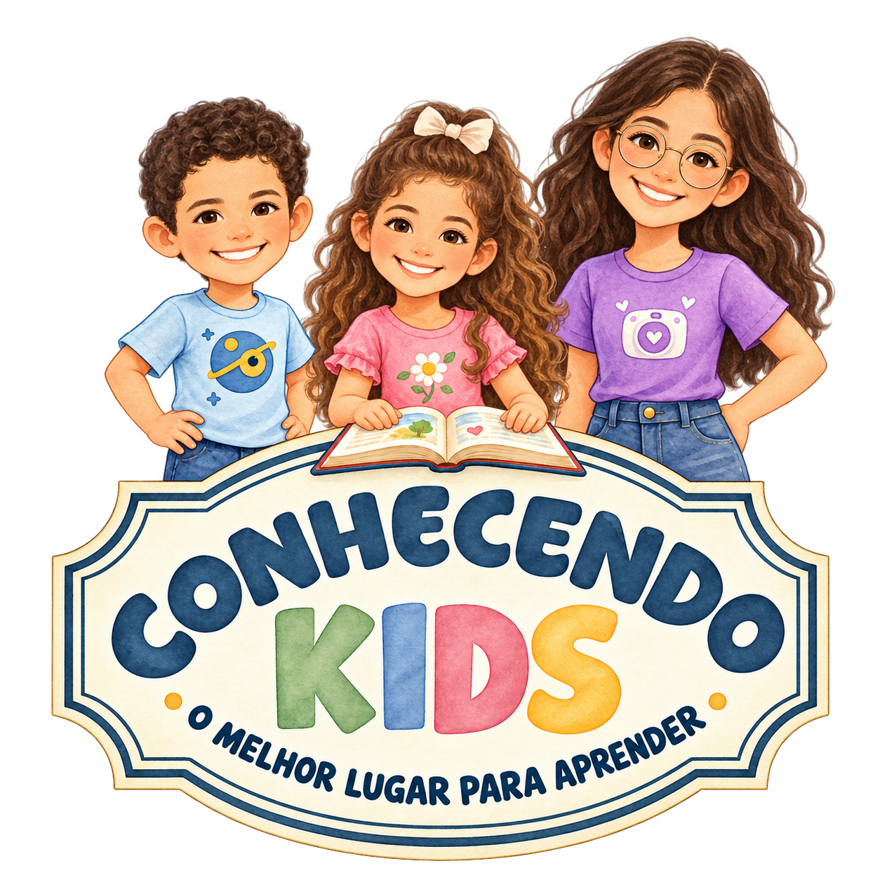 Conhecendo Kids — três crianças com um livro aberto. Historias bíblicas infantis
