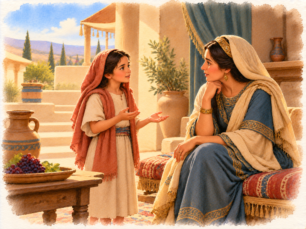 Menina israelita falando com a esposa de Naamã sobre o profeta de Deus
