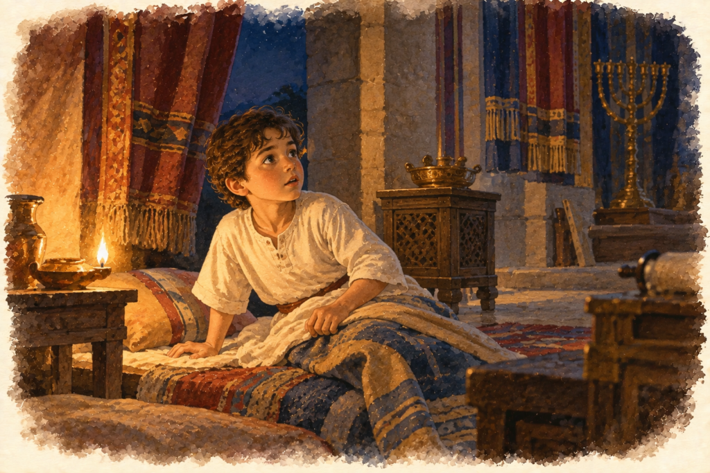 Samuel acordado durante a noite ao ouvir o chamado de Deus em 1 Samuel 3. "Samuel ouve o chamado de Deus" para crianças